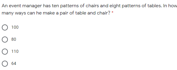 An event manager has ten patterns of chairs and eight patterns of tables. In how
many ways can he make a pair of table and chair? *
О 100
O 80
O 110
O 64
