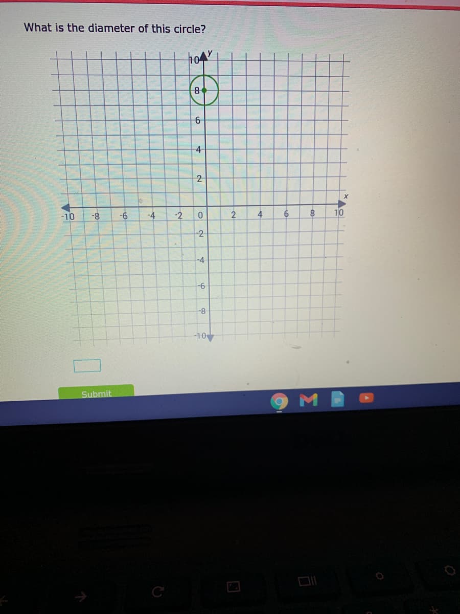 What is the diameter of this circle?
6-
4
2
-10
-6
-4
-2
4
10
-2
-4
-6
-8
-10
Submit
C
