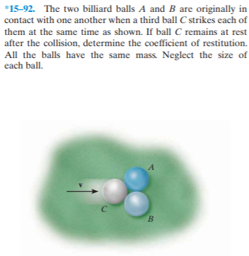 *15-92. The two billiard balls A and B are originally in
contact with one another when a third ball C strikes each of
them at the same time as shown. If ball C remains at rest
after the collision, determine the coefficient of restitution.
All the balls have the same mass. Neglect the size of
each ball.

