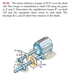 10-18. The motor delivers a torque of 5ON-m to the shaft
AB. This torque is transmitted to shaft CD using the gears
at E and F. Determine the equilibrium torque T' on shaft
CD and the maximum shear stress in each shaft. The
bearings B, C, and D allow free rotation of the shafts
S0m
30 mm
35 mm
125 mm
