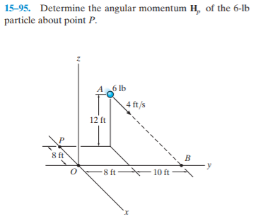 15-95. Determine the angular momentum H, of the 6-lb
particle about point P.
A 6 lb
4 ft/s
12 ft
8 ft
-8 ft 10 ft
