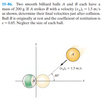 15-86. Two smooth billiard balls A and B each have a
mass of 200 g. If A strikes B with a velocity (va), = 1.5 m/s
as shown, determine their final velocities just after collision.
Ball B is originally at rest and the coefficient of restitution is
e= 0.85. Neglect the size of each ball.
() = 1.5 m/s
40°
