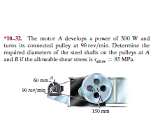 *10-32. The motor A develops a power of 300 W and
turns its connected pulley at 90 rev/min. Determine the
required diametens of the steel shafts on the pulleys at A
and Bif the allowable shear stress is Tato = 85 MPa.
60 mm
90 rev/min
150 mm
