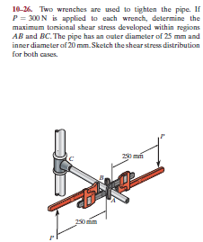 10-26. Two wrenches are used to tighten the pipe. If
P = 300 N is applied to cach wrench, determine the
maximum torsional shear stress developed within regions
AB and BC. The pipe has an outer diameter of 25 mm and
inner diameter of 20 mm. Sketch the shear stress distribution
for both cases.
20 mn
