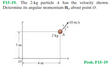 F15–19. The 2-kg particle A has the velocity shown.
Determine its angular momentum H, about point O.
10 m/s
2 kg
3 m
4 m
Prob. F15–19
