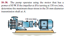 10-30. The pump operates using the motor that has a
power of 85 W. If the impeller at Bis turning at 150 rev/min,
determine the maximum shear stress in the 20-mm-diameter
transmission shaft at A.
130 rev/min
