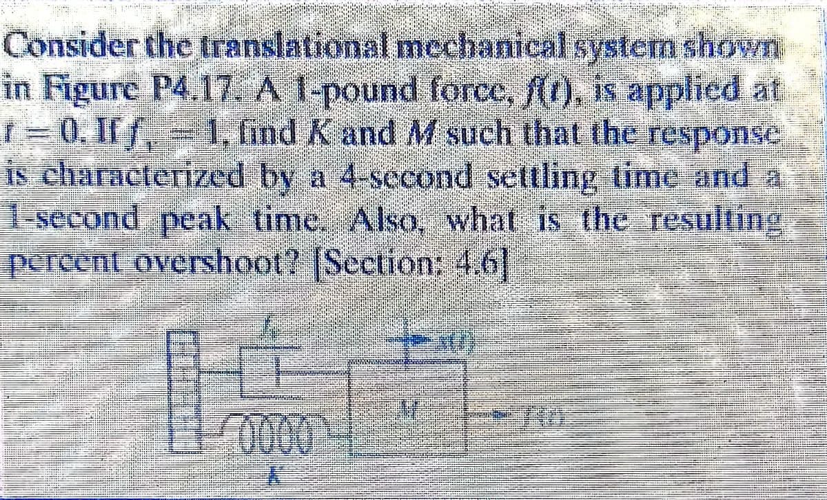 Consider
in Figure
1 = 0. Iff,
the translational mechanical system shown
P4.17. A 1-pound force, f(t), is applied at
1, find K and M such that the response
is characterized by a 4-second settling time and a
1-second peak time. Also, what is the resulting
percent overshoot? [Section: 4.6]
1+
270
K