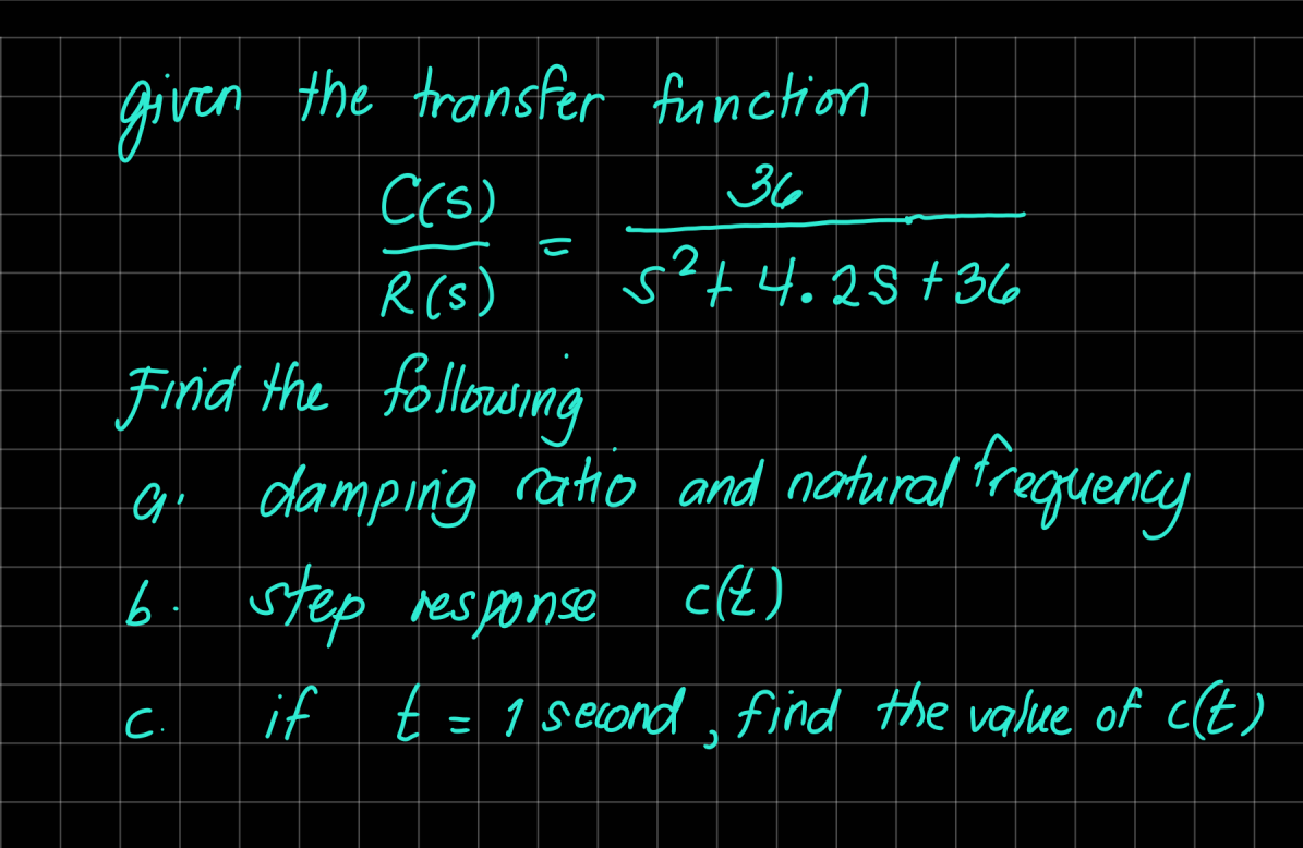 given the transfer function
C(s)
36
T
R (s)
5² +4.25 +36
2
Find the following
a damping ratio and natural frequency
6. step response
c(t)
C.
if t = 1 second find the value of c(t)