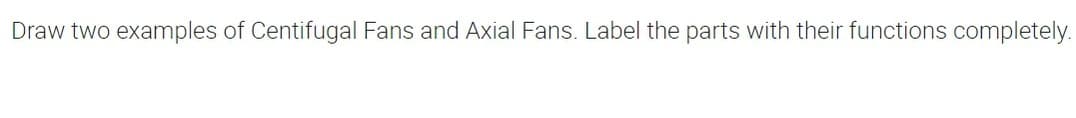 Draw two examples of Centifugal Fans and Axial Fans. Label the parts with their functions completely.