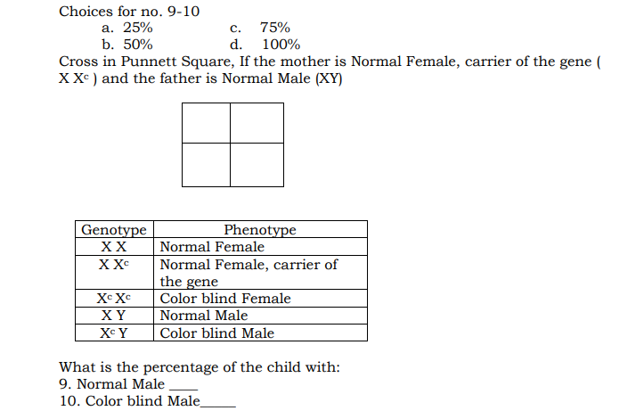 Choices for no. 9-10
а. 25%
b. 50%
Cross in Punnett Square, If the mother is Normal Female, carrier of the gene (
X X* ) and the father is Normal Male (XY)
с.
75%
d. 100%
Genotype
XX
Phenotype
Normal Female
Normal Female, carrier of
the gene
XX
Color blind Female
Normal Male
Color blind Male
XY
Xe Y
What is the percentage of the child with:
9. Normal Male
10. Color blind Male
