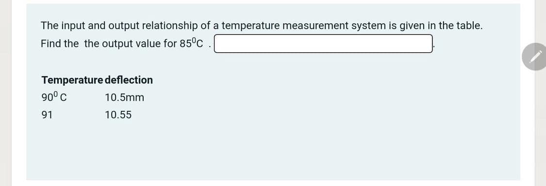 The input and output relationship of a temperature measurement system is given in the table.
Find the the output value for 85°C
Temperature deflection
90° C
10.5mm
91
10.55
