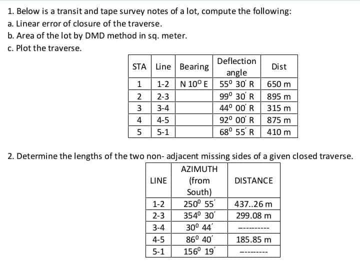 1. Below is a transit and tape survey notes of a lot, compute the following:
a. Linear error of closure of the traverse.
b. Area of the lot by DMD method in sq. meter.
c. Plot the traverse.
Deflection
STA Line Bearing
Dist
angle
1-2 N 10° E 55° 30' R 650 m
99° 30 R 895 m
44° 00' R 315 m
92° 00' R 875 m
68° 55 R 410 m
1
2
2-3
3
3-4
4
4-5
5
5-1
2. Determine the lengths of the two non- adjacent missing sides of a given closed traverse.
AZIMUTH
(from
South)
250° 55
LINE
DISTANCE
1-2
437.26 m
2-3
354° 30'
299.08 m
3-4
30° 44'
4-5
86° 40'
185.85 m
5-1
156° 19
