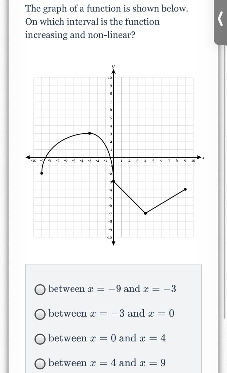 The graph of a function is shown below.
On which interval is the function
increasing and non-linear?
10
5
3
-10 -9/ -8
-7
-6
-5
-4
-3
-2
-1
4
5
6.
8
10
-1
-2
-3
-4
-5
-6
-7
-8
-9
-10
between x
-9 and x =
-3
between x = -3 and x =
between x =
0 and x = 4
O between x
4 and x = 9
%3D

