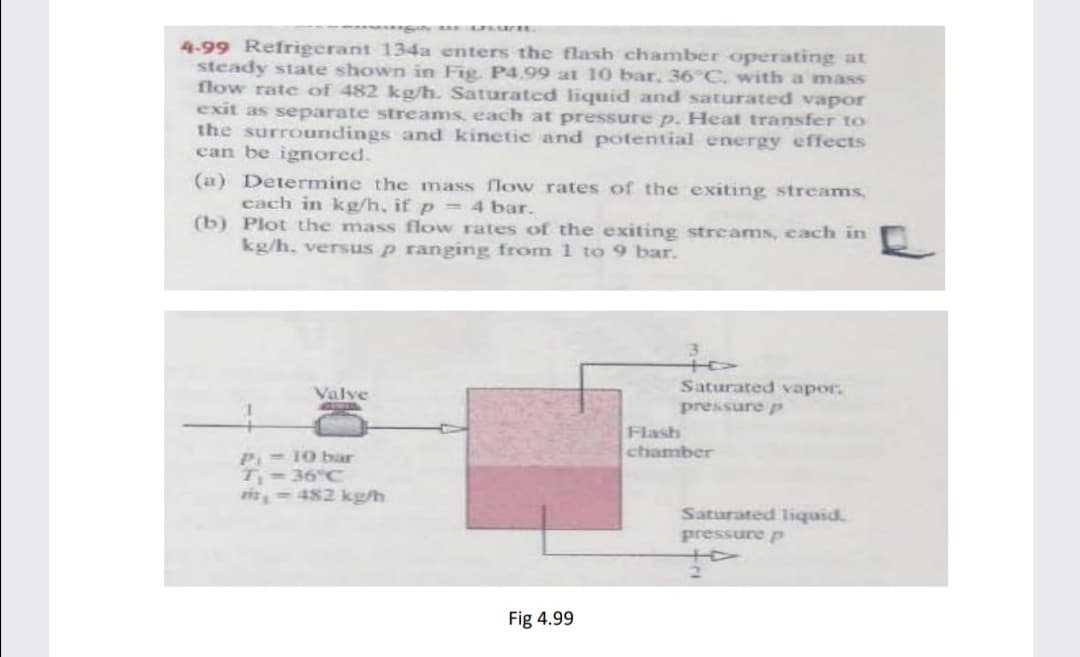 4-99 Refrigerant 134a enters the flash chamber operating at
steady state shown in Fig. P4.99 at 10 bar, 36°C, with a mass
flow rate of 482 kg/h. Saturated liquid and saturated vapor
exit as separate streams, each at pressure p. Heat transfer to
the surroundings and kinetic and potential energy effects
can be ignored.
(a) Determine the mass flow rates of the exiting streams,
cach in kg/h, if p = 4 bar.
(b) Plot the mass flow rates of the exiting streams, cach in
kg/h. versus p ranging from 1 to 9 bar.
to
Saturated vapor.
Valve
pressure p
Flash
P- 10 bar
T= 36°C
it- 482 kg/h
chamber
Saturated liquid.
pressure p
Fig 4.99
