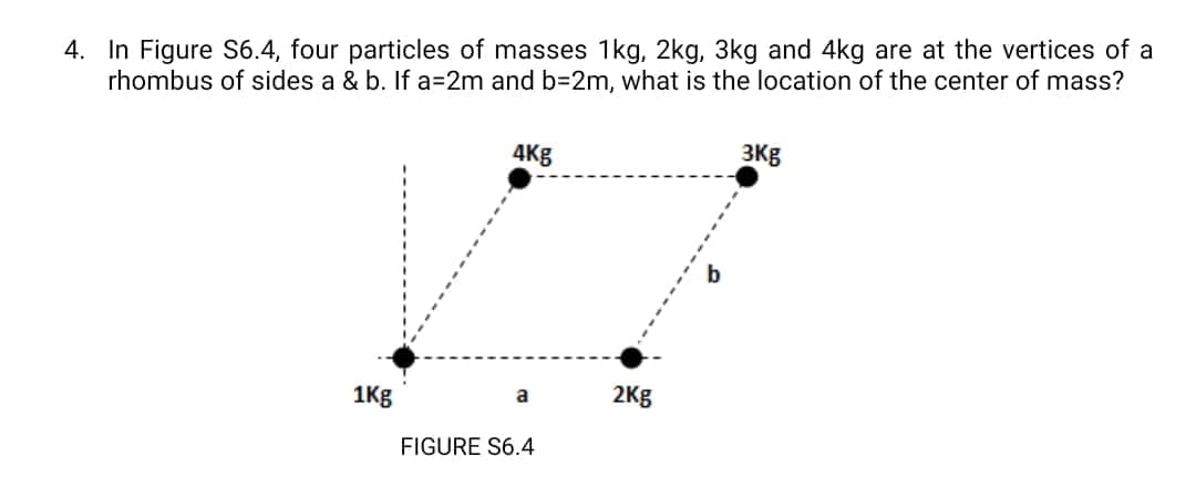 4. In Figure S6.4, four particles of masses 1kg, 2kg, 3kg and 4kg are at the vertices of a
rhombus of sides a & b. If a=2m and b=2m, what is the location of the center of mass?
4Kg
3Kg
1kg
a
FIGURE S6.4
2Kg