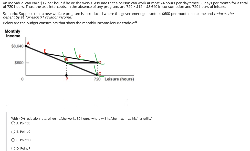 An individual can earn $12 per hour if he or she works. Assume that a person can work at most 24 hours per day times 30 days per month for a total
of 720 hours. Thus, the axis intercepts, in the absence of any program, are 720 x $12 = $8,640 in consumption and 720 hours of leisure.
Scenario: Suppose that a new welfare program is introduced where the government guarantees $600 per month in income and reduces the
benefit by $1 for each $1 of labor income.
Below are the budget constraints that show the monthly income-leisure trade-off.
Monthly
income
$8,640
$600
720 Leisure (hours)
With 40% reduction rate, when he/she works 30 hours, where will he/she maximize his/her utility?
O A. Point B
O B. Point C
O C. Point D
O D. Point F

