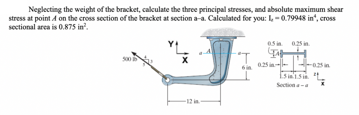 Neglecting the weight of the bracket, calculate the three principal stresses, and absolute maximum shear
stress at point A on the cross section of the bracket at section a-a. Calculated for you: I, = 0.79948 in“, cross
sectional area is 0.875 in².
0.5 in.
0.25 in.
"T
TA
500 lb
X
0.25 in.→||–
-||-0.25 in.
6 in.
1.5 in.1.5 in. ↑.
Section a – a
12 in.

