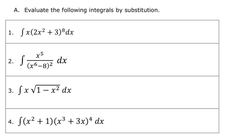A. Evaluate the following integrals by substitution.
1. fx(2x2 + 3)%dx
x5
2. S;
dx
(x6-8)2
3. Sx V1- x² dx
4. (x2 + 1)(x³ + 3x)* dx
