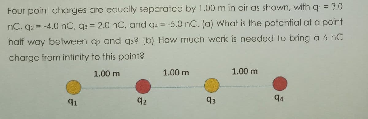 Four point charges are equally separated by 1.00 m in air as shown, with qi = 3.0
nC, q2 = -4.0 nC, q3 = 2.0 nC, and q4 = -5.0 nC. (a) What is the potential at a point
%3D
%3D
half way between q2 and g3? (b) How much work is needed fo bríng a 6 nC
charge from infinity to this point?
1.00 m
1.00 m
1.00 m
91
92
93
94
