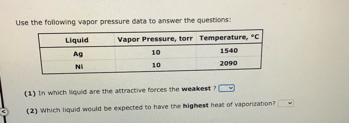 Use the following vapor pressure data to answer the questions:
Liquid
Ag
Ni
Vapor Pressure, torr Temperature, °C
10
1540
10
2090
(1) In which liquid are the attractive forces the weakest ?
(2) Which liquid would be expected to have the highest heat of vaporization?
