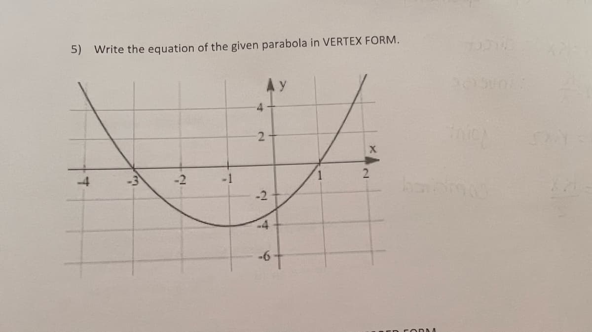 5) Write the equation of the given parabola in VERTEX FORM.
4
-2
-1
-2
-4
-6
1.
