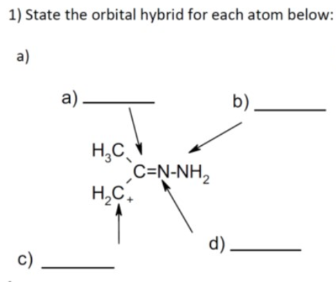 1) State the orbital hybrid for each atom below:
a)
а).
b)
H,C
C=N-NH,
H,C.
d).
c)
