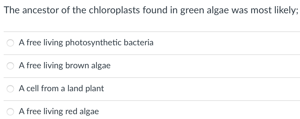 The ancestor of the chloroplasts found in green algae was most likely;
A free living photosynthetic bacteria
A free living brown algae
A cell from a land plant
A free living red algae
