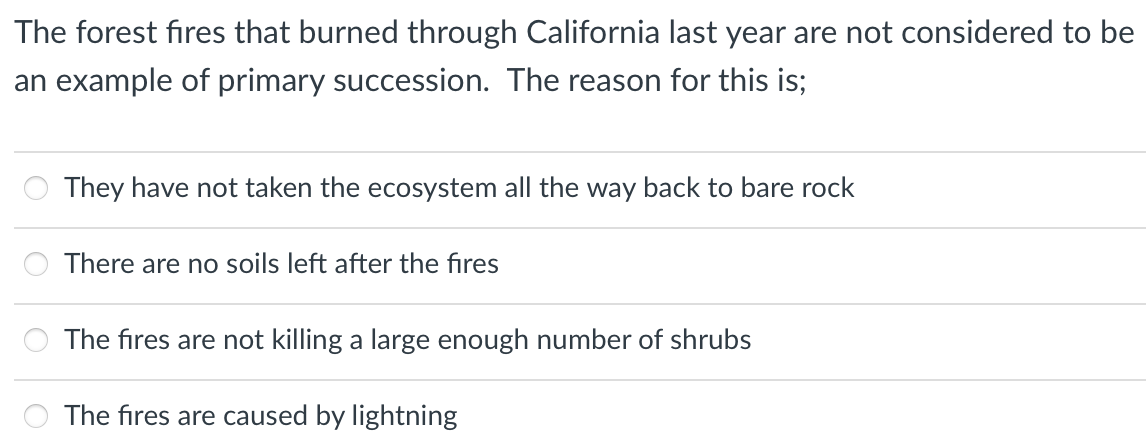 The forest fires that burned through California last year are not considered to be
an example of primary succession. The reason for this is;
They have not taken the ecosystem all the way back to bare rock
There are no soils left after the fires
The fires are not killing a large enough number of shrubs
The fires are caused by lightning
