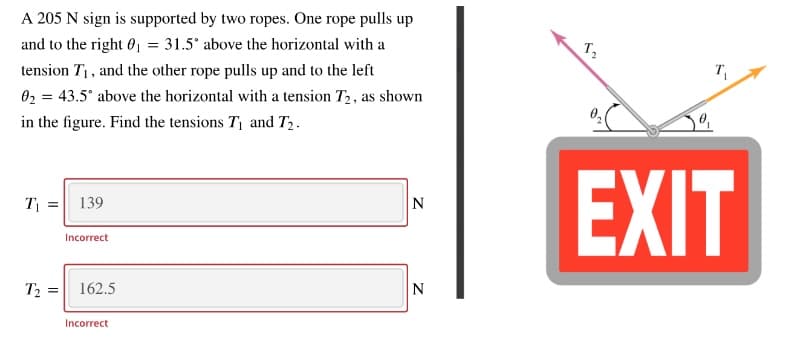 A 205 N sign is supported by two ropes. One rope pulls up
and to the right 0 = 31.5° above the horizontal with a
tension T1, and the other rope pulls up and to the left
T,
02 = 43.5° above the horizontal with a tension T2, as shown
in the figure. Find the tensions T1 and T2.
EXIT
T =
139
N
Incorrect
T2 =
162.5
N
Incorrect
