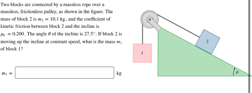Two blocks are connected by a massless rope over a
massless, frictionless pulley, as shown in the figure. The
mass of block 2 is m2 = 10.1 kg, and the coefficient of
kinetic friction between block 2 and the incline is
Hk = 0.200. The angle 0 of the incline is 27.5°. If block 2 is
2
moving up the incline at constant speed, what is the mass mị
of block 1?
kg
m1 =
