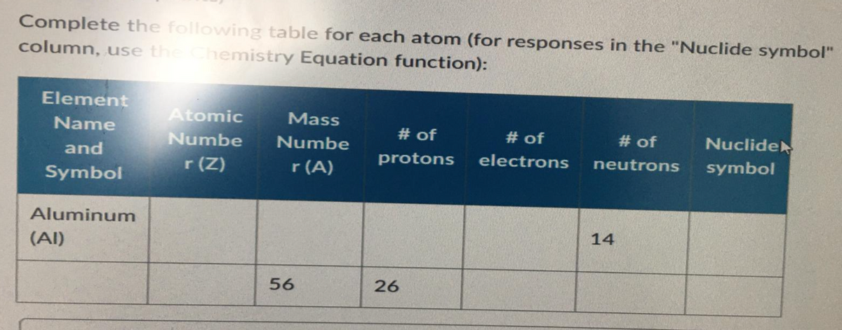 Complete the following table for each atom (for responses in the "Nuclide symbol"
column, use the Chemistry Equation function):
Element
Name
and
Symbol
Aluminum
(AI)
Atomic
Numbe
r (Z)
Mass
Numbe
r (A)
56
# of
protons
26
# of
electrons
# of
neutrons
14
Nuclide
symbol