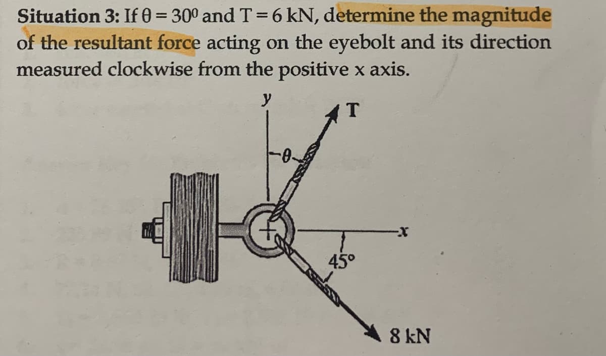 Situation 3: If 0 = 30° and T = 6 kN, determine the magnitude
of the resultant force acting on the eyebolt and its direction
measured clockwise from the positive x axis.
y
T
I
-0.
45°
8 kN