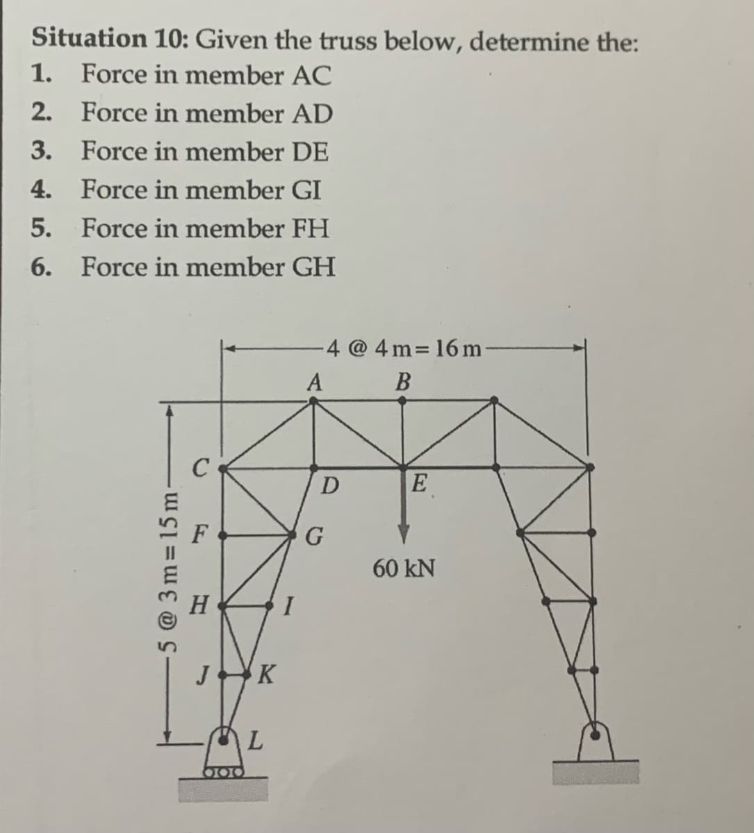 Situation 10: Given the truss below, determine the:
1. Force in member AC
2.
Force in member AD
3.
Force in member DE
4.
Force in member GI
5.
Force in member FH
6.
Force in member GH
-5 @ 3m= 15m-
с
J
000
K
L
I
-4
A
D
G
@4m- 16 m
B
E
60 KN