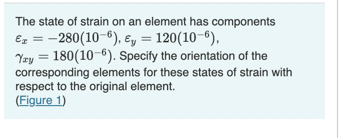 The state of strain on an element has components
= -280(10-6), ɛy = 120(10-6),
Yæy = 180(10-6). Specify the orientation of the
corresponding elements for these states of strain with
respect to the original element.
(Figure 1)
Ex =

