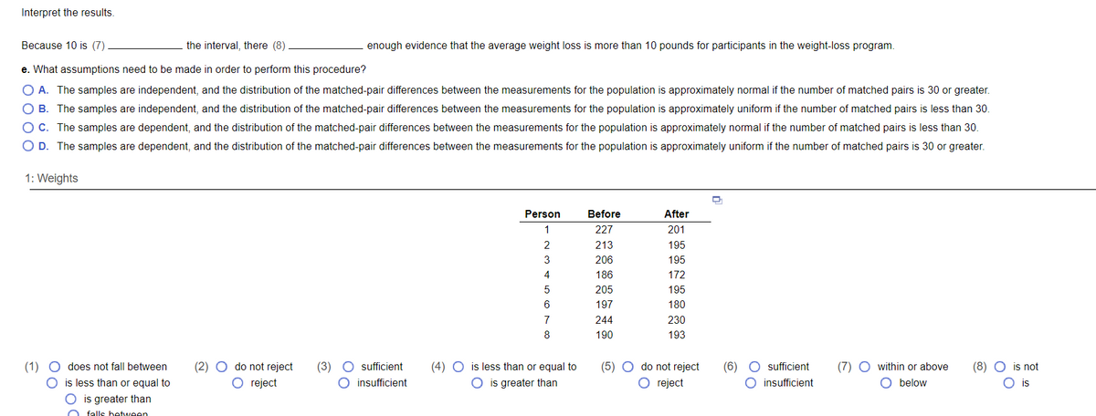 Interpret the results.
Because 10 is (7)
the interval, there (8)
enough evidence that the average weight loss is more than 10 pounds for participants in the weight-loss program.
e. What assumptions need to be made in order to perform this procedure?
O A. The samples are independent, and the distribution of the matched-pair differences between the measurements for the population is approximately normal if the number of matched pairs is 30 or greater.
O B. The samples are independent, and the distribution of the matched-pair differences between the measurements for the population is approximately uniform if the number of matched pairs is less than 30.
O C. The samples are dependent, and the distribution of the matched-pair differences between the measurements for the population is approximately normal if the number of matched pairs is less than 30.
O D. The samples are dependent, and the distribution of the matched-pair differences between the measurements for the population is approximately uniform if the number of matched pairs is 30 or greater.
1: Weights
Person
Before
After
1
227
201
213
195
3
206
195
4
186
172
5
205
195
6
197
180
7
244
230
8
190
193
(1) O does not fall between
is less than or equal to
O sufficient
O insufficient
(7) O within or above
O below
(2) O do not reject
(4) O is less than or equal to
O is greater than
(3)
(5) O do not reject
(6)
sufficient
(8) O is not
O reject
О reject
O insufficient
O is
O is greater than
falls between
