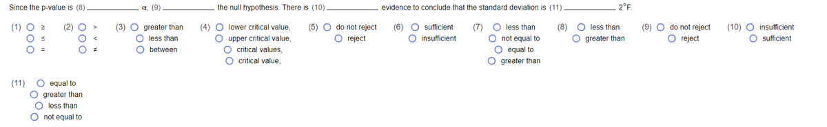 Since the p-value is (8)
α, ( 9)
the null hypothesis. There is (10)
evidence to conclude that the standard deviation is (11)
2°F.
(4) O lower critical value,
(5) O do not reject
O sufficient
(9) O do not reject
O reject
(1) O
(2) O
(3) O greater than
(6)
(7)
less than
(8)
less than
(10) O insufficient
O upper critical value,
O critical values,
O critical value,
O less than
O reject
O insufficient
O greater than
O sufficient
O not equal to
O equal to
O between
O greater than
O equal to
O greater than
(11)
less than
O not equal to
000
