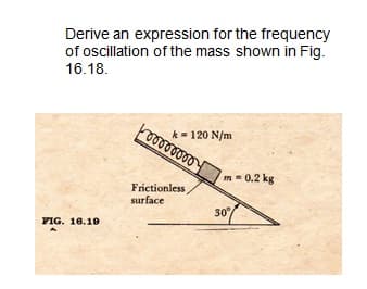 Derive an expression for the frequency
of oscillation of the mass shown in Fig.
16.18.
FIG. 16.19
- vovovovo.
k = 120 N/m
Frictionless
surface
m=0.2 kg
30%