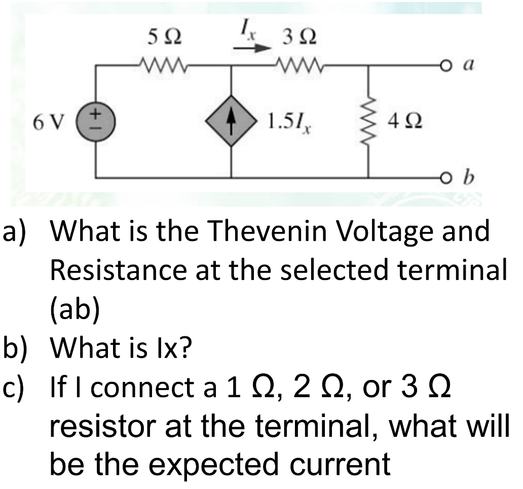 6 V
592
3 Ω
www
1.51 x
4Ω
ob
a) What is the Thevenin Voltage and
Resistance at the selected terminal
(ab)
b) What is lx?
c) If I connect a 1 , 2 , or 3 Q
resistor at the terminal, what will
be the expected current