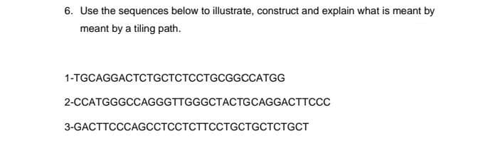 6. Use the sequences below to illustrate, construct and explain what is meant by
meant by a tiling path.
1-TGCAGGACTCTGCTCTCCTGCGGCCATGG
2-CCATGGGCCAGGGTTGGGCTACTGCAGGACTTCCC
3-GACTTCCCAGCCTCCTCTTCCTGCTGCTCTGCT