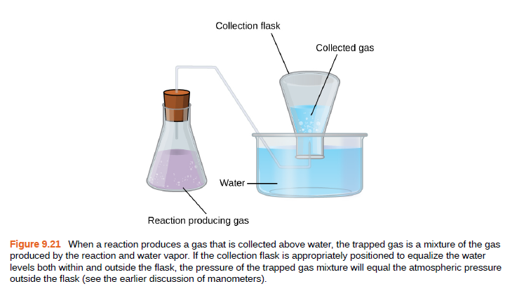 Collection flask
Collected gas
Water
Reaction producing gas
Figure 9.21 When a reaction produces a gas that is collected above water, the trapped gas is a mixture of the gas
produced by the reaction and water vapor. If the collection flask is appropriately positioned to equalize the water
levels both within and outside the flask, the pressure of the trapped gas mixture will equal the atmospheric pressure
outside the flask (see the earlier discussion of manometers).

