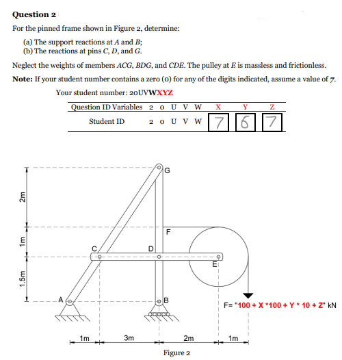Question 2
For the pinned frame shown in Figure 2, determine:
(a) The support reactions at A and B;
(b) The reactions at pins C, D, and G.
Neglect the weights of members ACG, BDG, and CDE. The pulley at E is massless and frictionless.
Note: If your student number contains a zero (0) for any of the digits indicated, assume a value of 7.
Your student number: 20UVWXYZ
Question ID Variables 2 0 U V W X
20 U v w7
67
Student ID
F
D
F= "100 + X *100 + Y* 10 + Z" kN
1m
3m
2m
1m
Figure 2
1.5m
