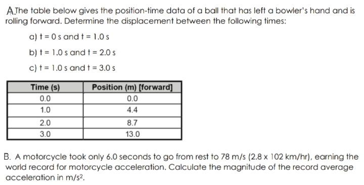 AJhe table below gives the position-time data of a ball that has left a bowler's hand and is
rolling forward. Determine the displacement between the following times:
a) t = 0s and t = 1.0 s
b) t = 1.0 s and t = 2.0 s
c) t = 1.0 s and t = 3.0 s
Time (s)
Position (m) [forward]
0.0
0.0
1.0
4.4
2.0
8.7
3.0
13.0
B. A motorcycle took only 6.0 seconds to go from rest to 78 m/s (2.8 x 102 km/hr), earning the
world record for motorcycle acceleration. Calculate the magnitude of the record average
acceleration in m/s?.
