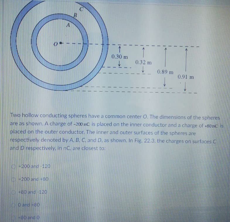 C
A
0.30 m
0.32 m
0.89 m
0.91 m
Two hollow conducting spheres have a common center O. The dimensions of the spheres
are as shown. A charge of -200 nC is placed on the inner conductor and a charge of +s0nC is
placed on the outer conductor. The inner and outer surfaces of the spheres are
respectively denoted by A. B. C, and D, as shown. In Fig. 22.3, the charges on surfaces C
and D respectively, in nC, are closest to:
+200 and-120
-200 and -80
-a0 and -120
O and-80
-80 anc O

