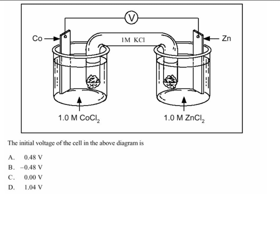 Co
IM KCI
Zn
1.0 М СОCI,
1.0 M ZNCI,
The initial voltage of the cell in the above diagram is
А.
0.48 V
B. -0.48 V
С.
0.00 V
D.
1.04 V
