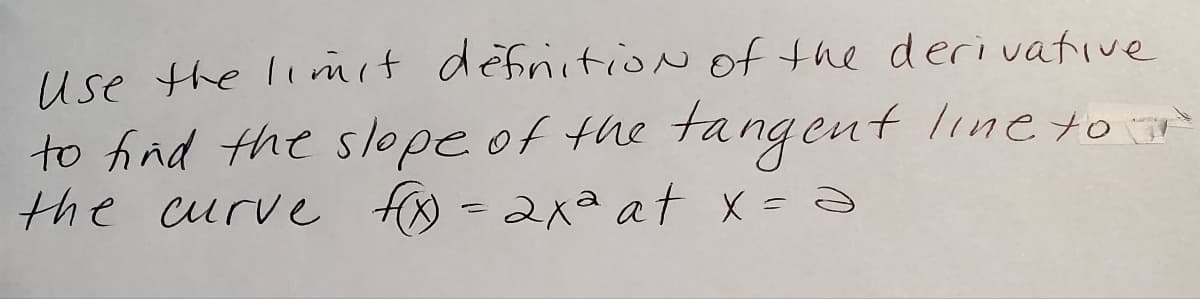 use the limit defritioN ofthe deri vative
to find the slope of the line to
the curve f) -2x2 at x=a
tangent
