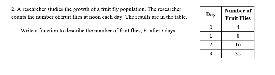 2. A researcher studies the growth of a fruit fly population. The researcher
counts the number of fruit flies at noon each day. The results are in the table.
Number of
Day
Fruit Flies
4
Write a function to describe the number of fruit flies, F, after t days.
1
2
16
3
32
