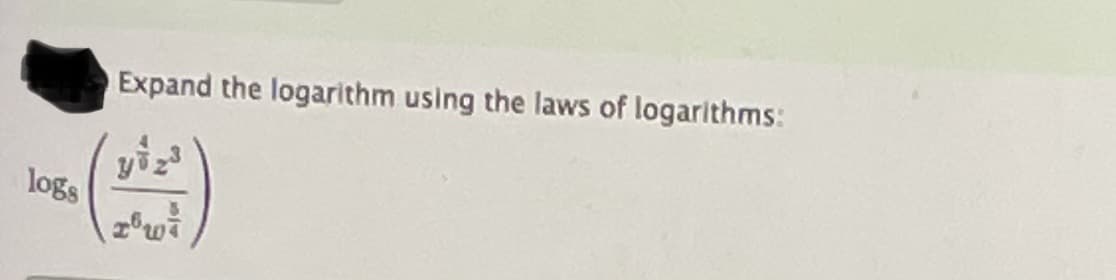 Expand the logarithm using the laws of logarithms:
yiz
logs
