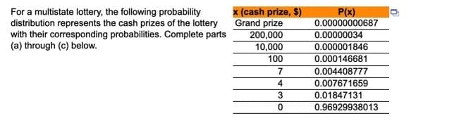 (cash prize, $)
Grand prize
P(x)
For a multistate lottery, the following probability
distribution represents the cash prizes of the lottery
with their corresponding probabilities. Complete parts
(a) through (c) below.
0.00000000687
200,000
0.00000034
10,000
100
0.000001846
0.000146681
0.004408777
4
0.007671659
0.01847131
0.96929938013
3
