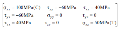 To
XX
Tyx=-60MPa
T.
= 40MPa
ZX
= 100MPa (C)
Txy = -60MPa
Oyy = 0
Tzy = 0
Txz = 40MPa
Tyz = 0
622
=
50MPa (T)