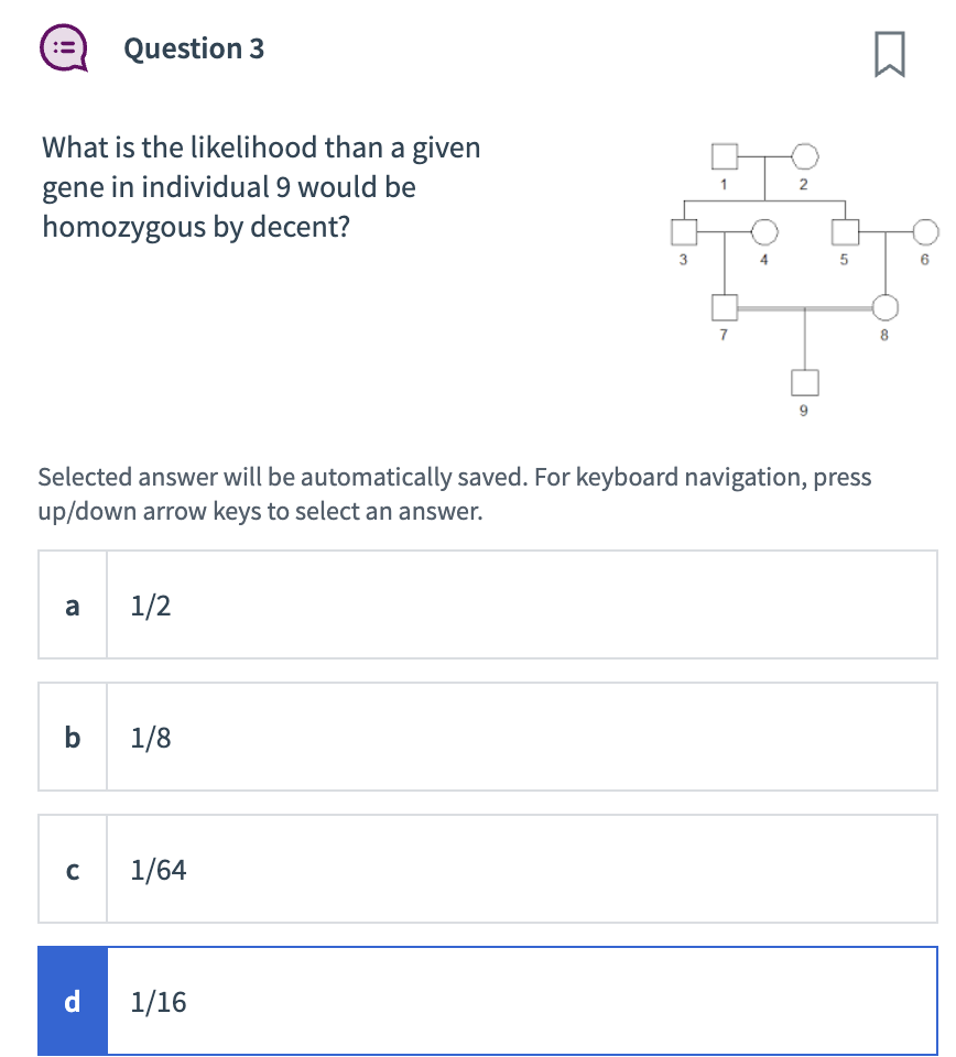 11
What is the likelihood than a given
gene in individual 9 would be
homozygous by decent?
a
b
Question 3
C
d
Selected answer will be automatically saved. For keyboard navigation, press
up/down arrow keys to select an answer.
1/2
1/8
1/64
3
1/16
7
2
5